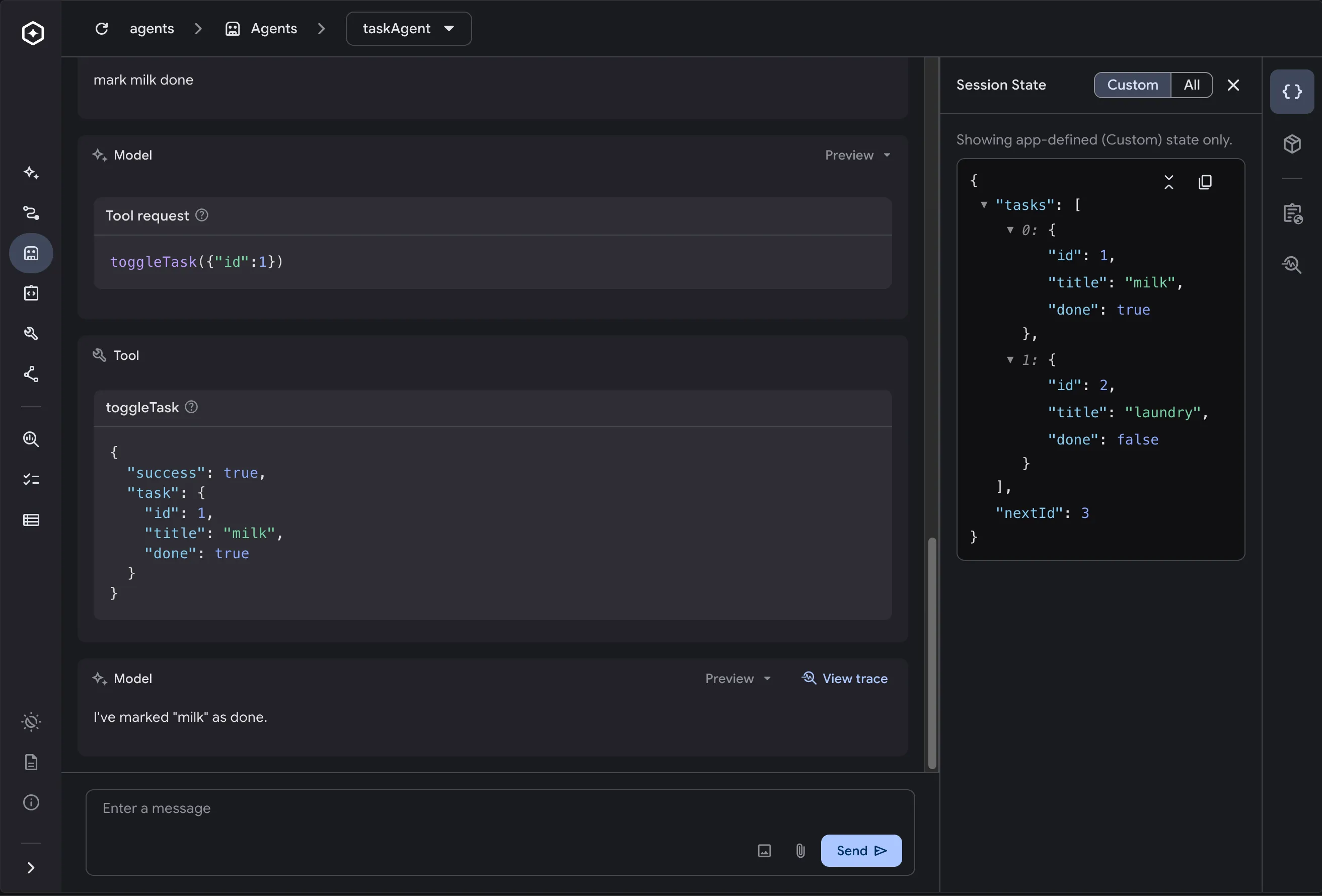 The Genkit Developer UI running an agent: the user's message, the tool the model called with its input and result, the model's reply, and the agent's session state.