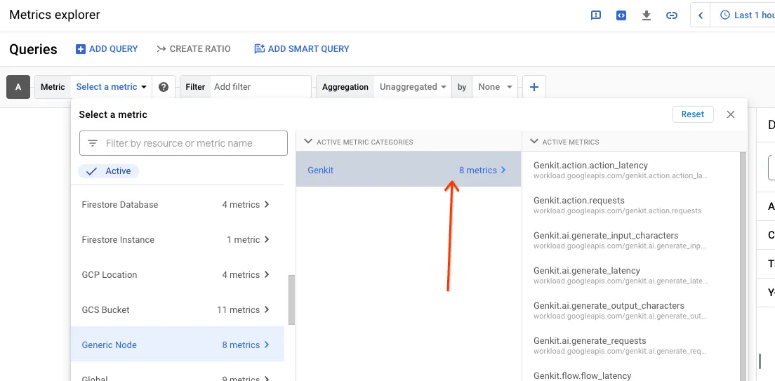 Selecting a Genkit metric in Metrics Explorer