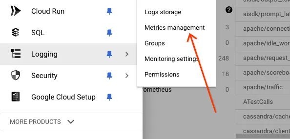 Metrics Management menu item in Cloud Logging