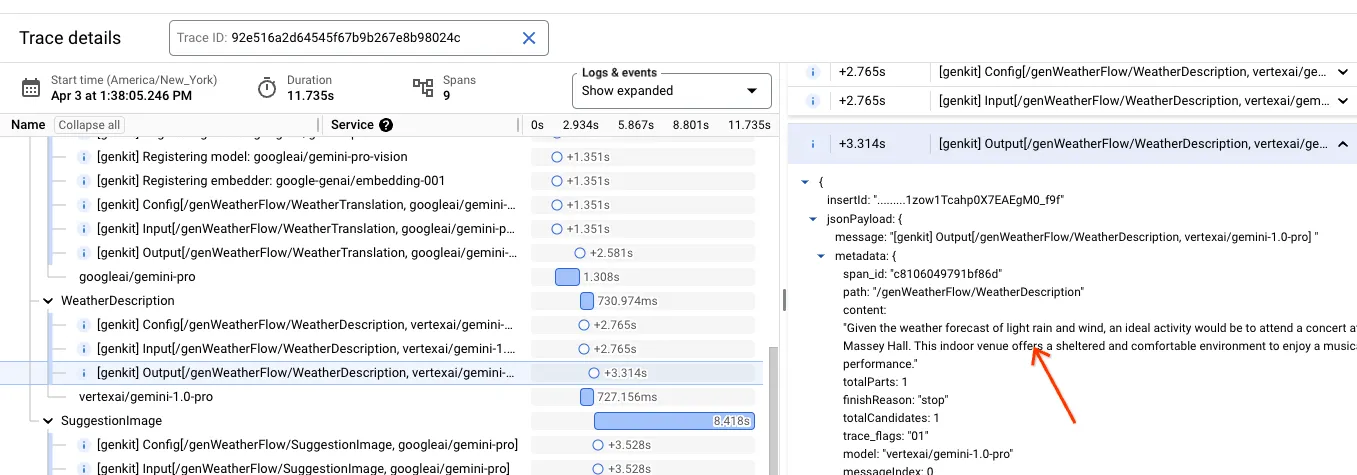 Trace details view with expanded logs