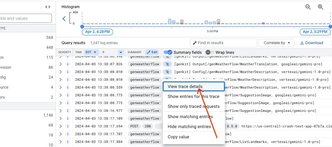 View in trace details option in log menu