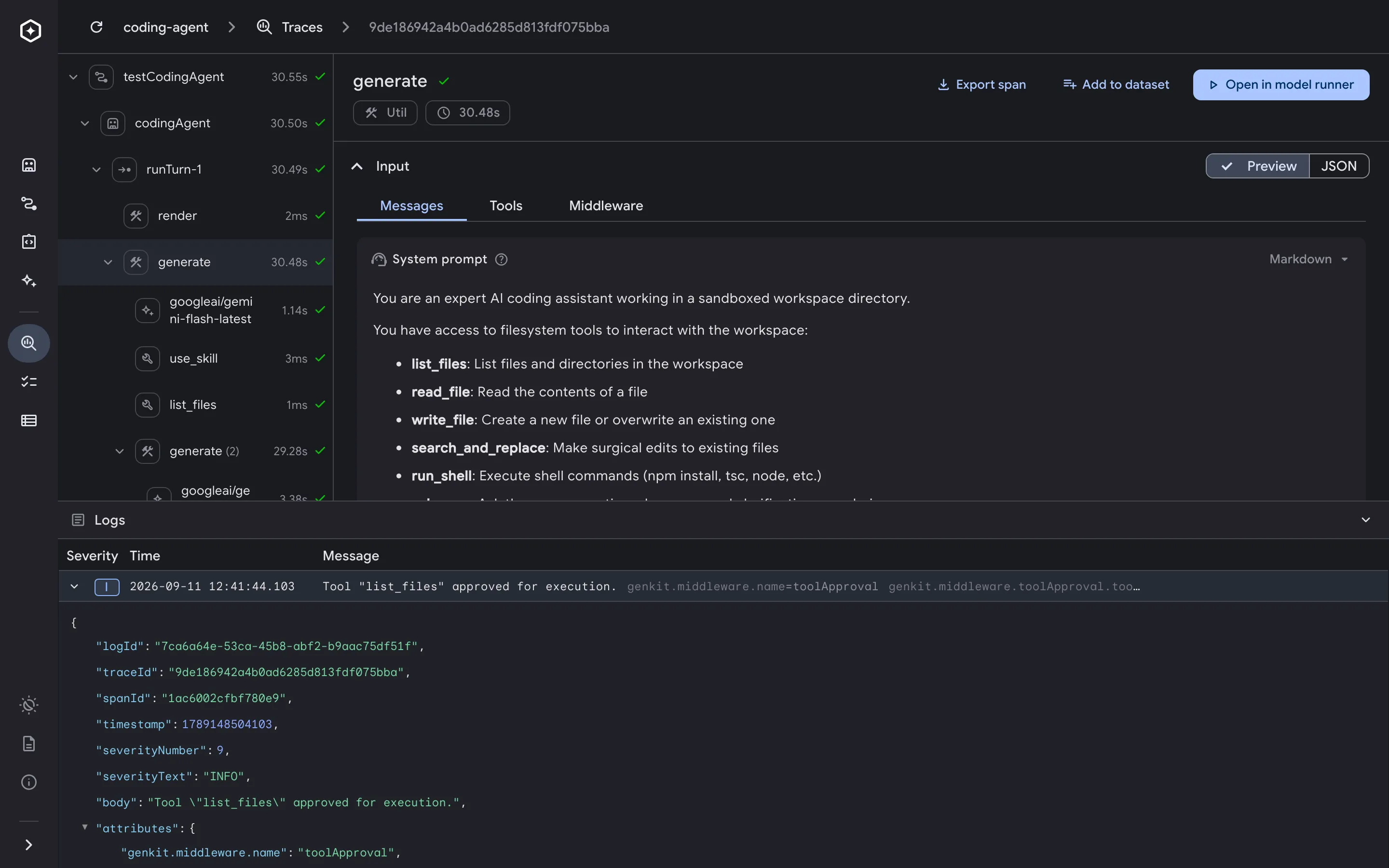 Top-level Logs panel in the Genkit Developer UI trace viewer with inline attribute previews and correlated span metadata