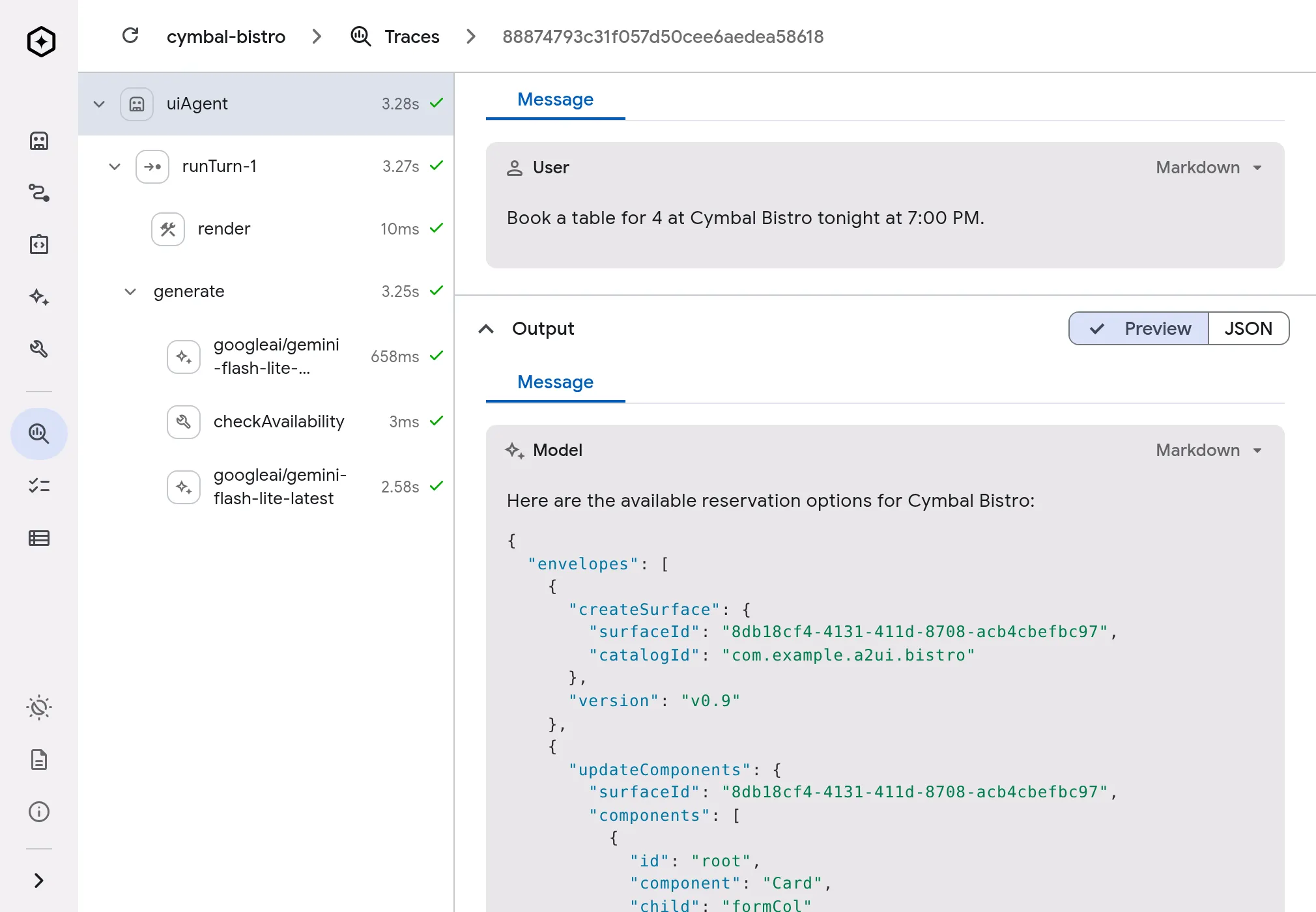Inspecting an agent's model and tool calls in the Genkit Developer UI