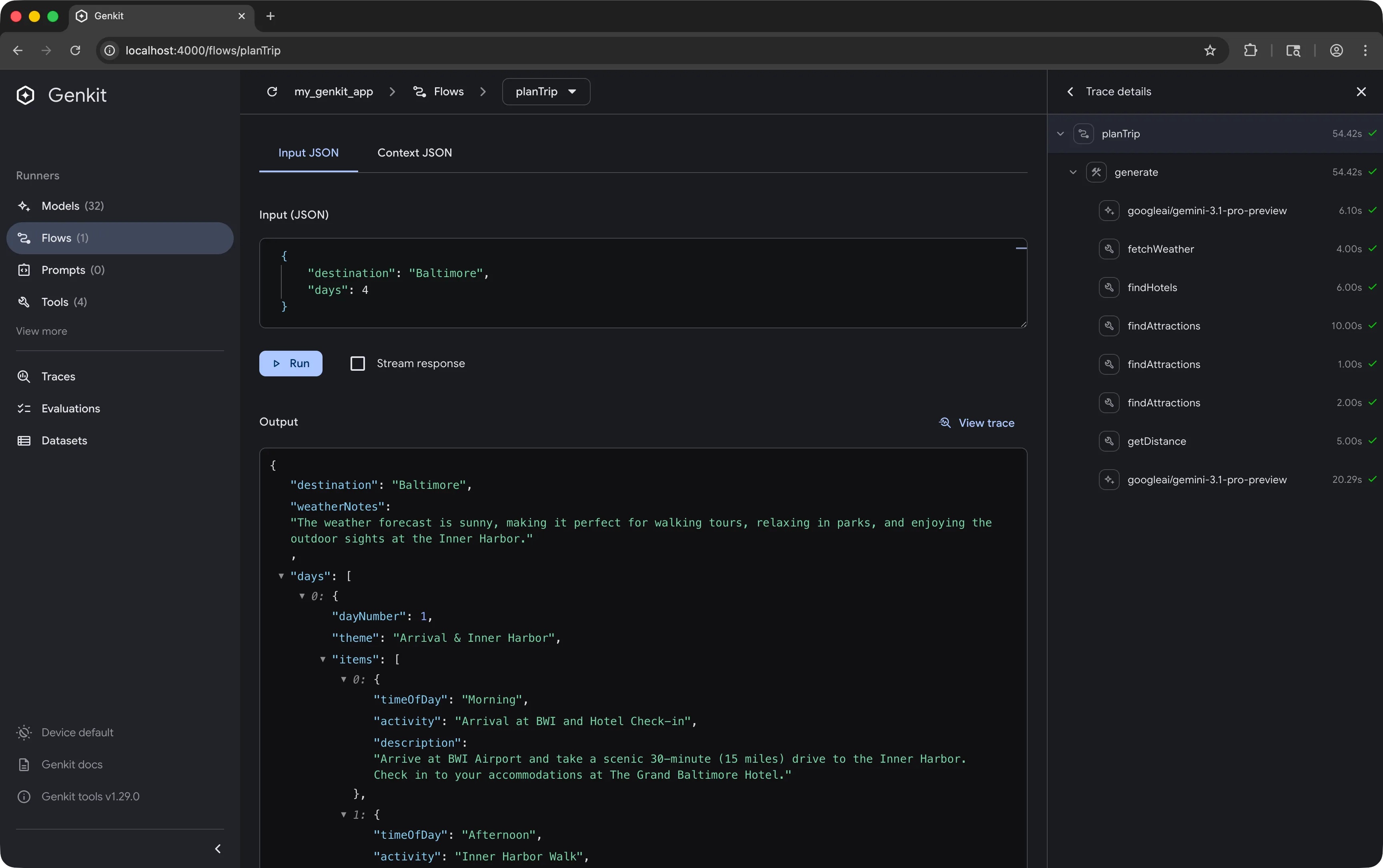 The Genkit Developer UI running the Trip Planner flow