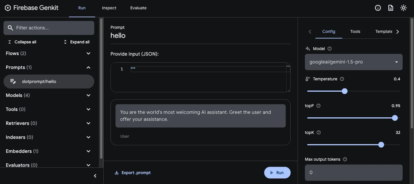 Genkit developer UI prompt runner